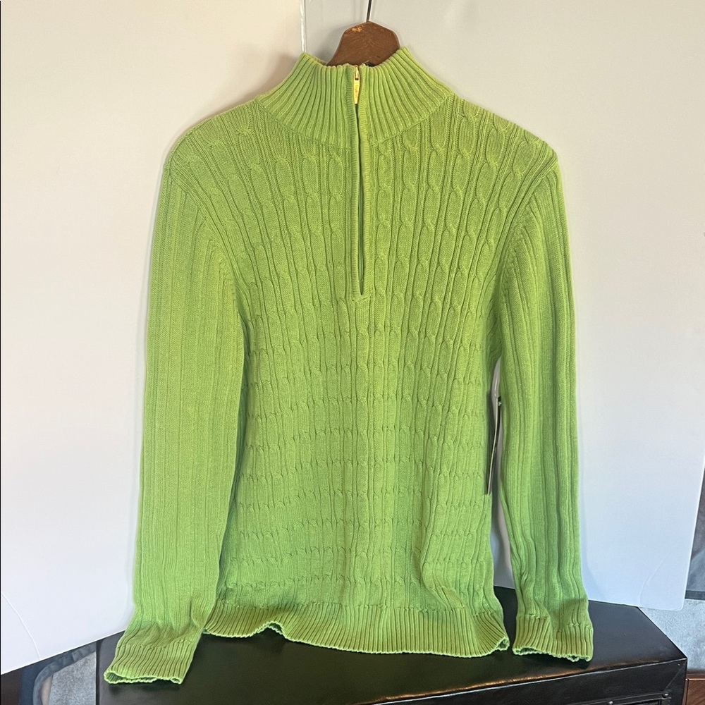 Women's Lime Green Cable-Knit Half-Zip Turtleneck Sweater